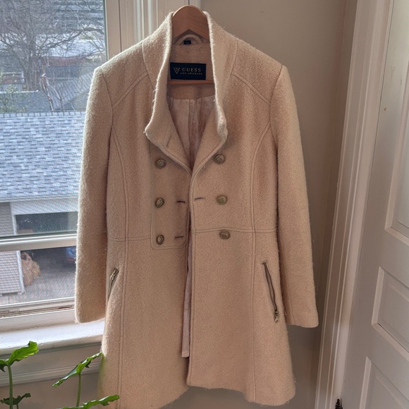 Guess Jackets & Blazers - Guess Women's Off-White Double Breasted Pea Coat, Size L